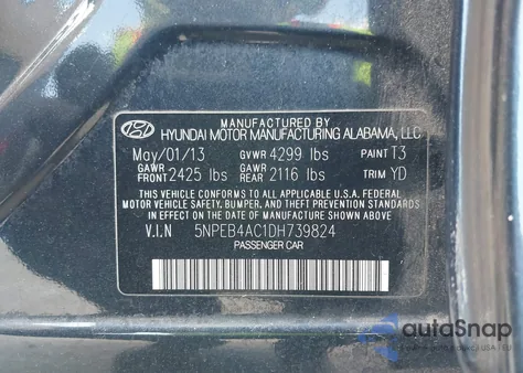 2013 Hyundai Sonata Gls из США, поврежденный, VIN 5NPEB4AC1DH739824